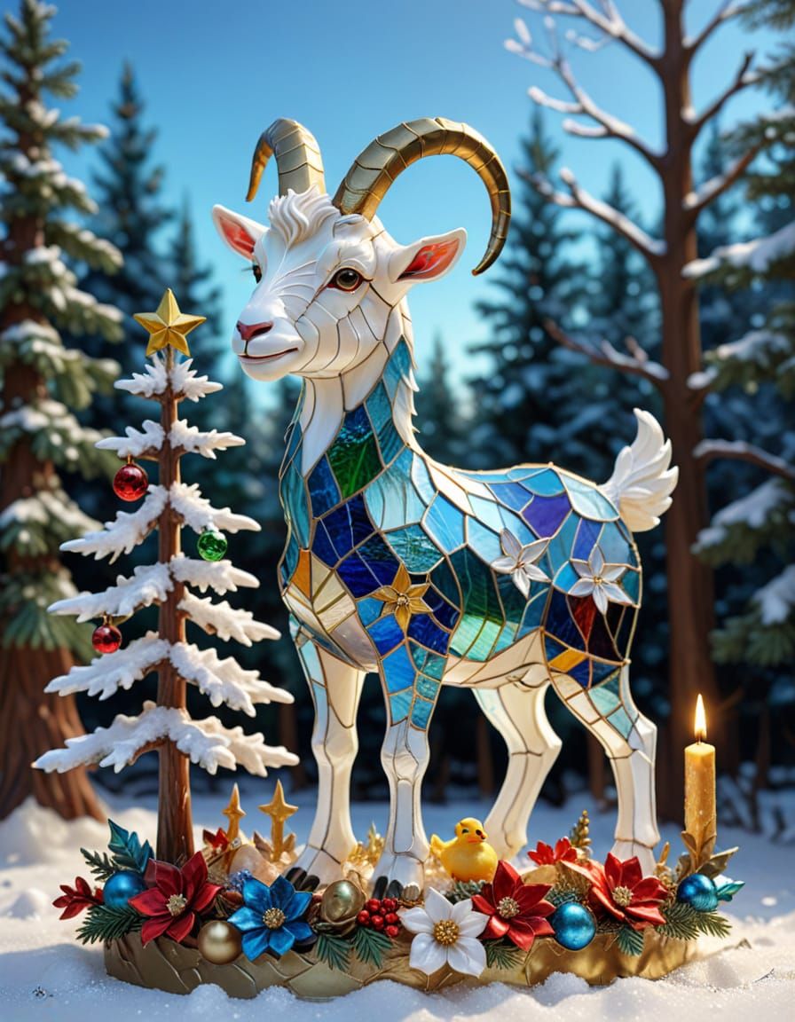 Christmas Goat and Duckling Stained Glass Sculpture