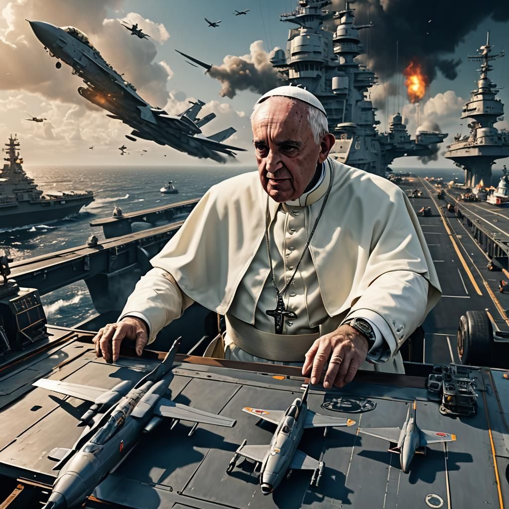 Pope Piloting Aircraft Carrier: Detailed Matte Painting
