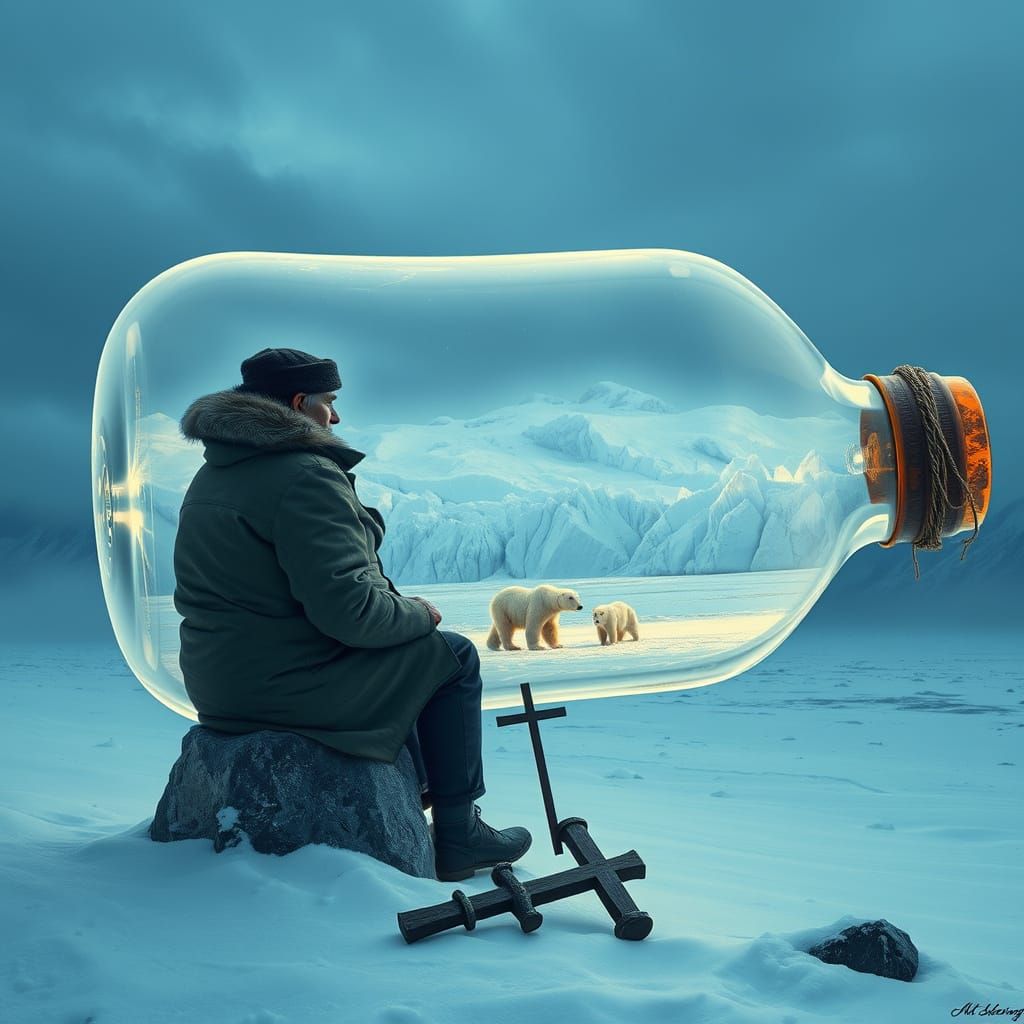 Surreal Glacier Contemplation in Ethereal Bottle