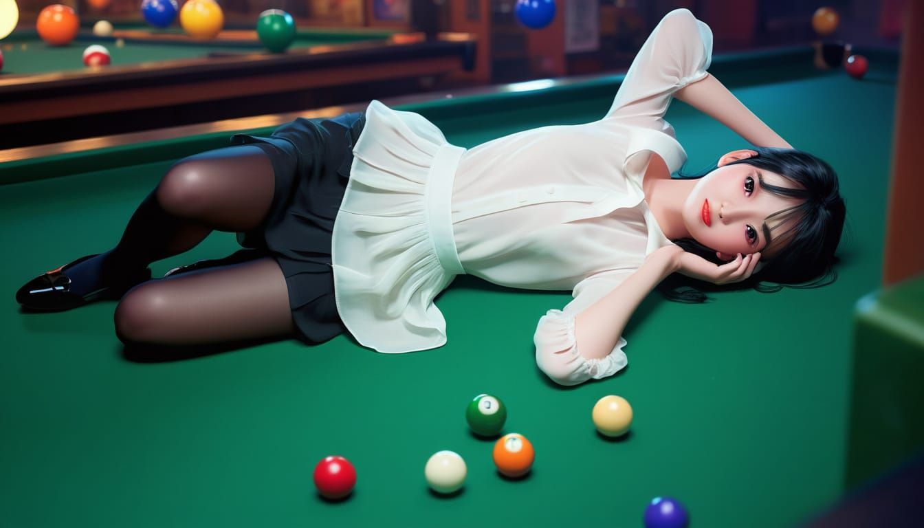 Anime Woman Poses on Billiards Table in Sheer Pantyhose