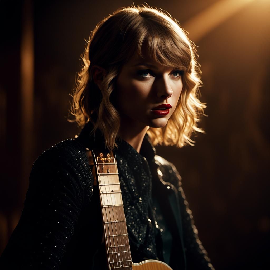 Taylor Swift Portrait with Guitar in Cinematic Lighting