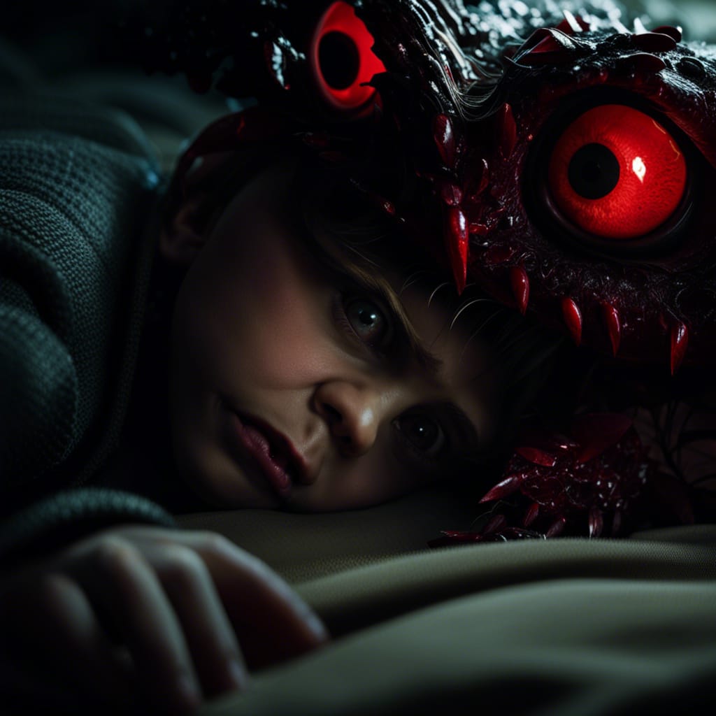 Creepy Red-Eyed Monster Under Bed in Horror Style