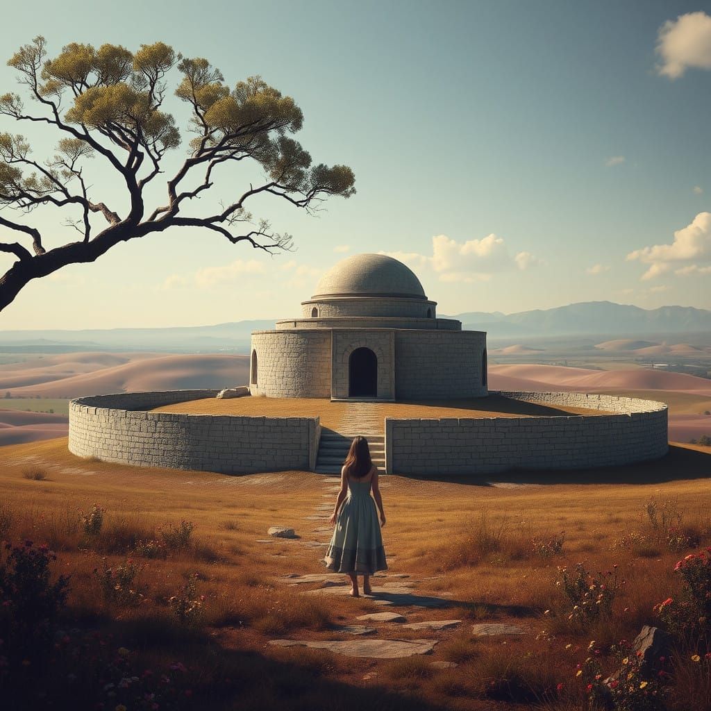 Young Woman Before a Majestic Structure with a Domed Roof