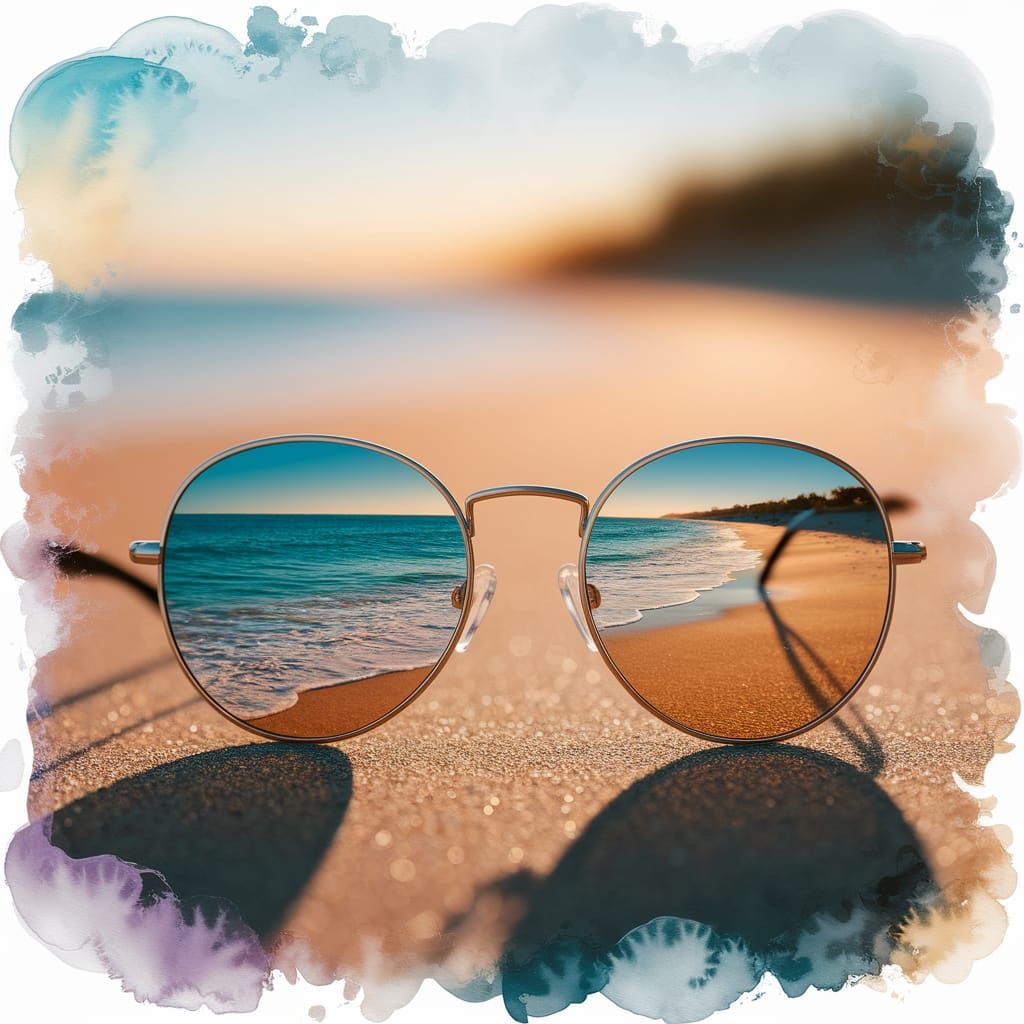 Watercolor Sunglasses Reflection on Sunny Beach