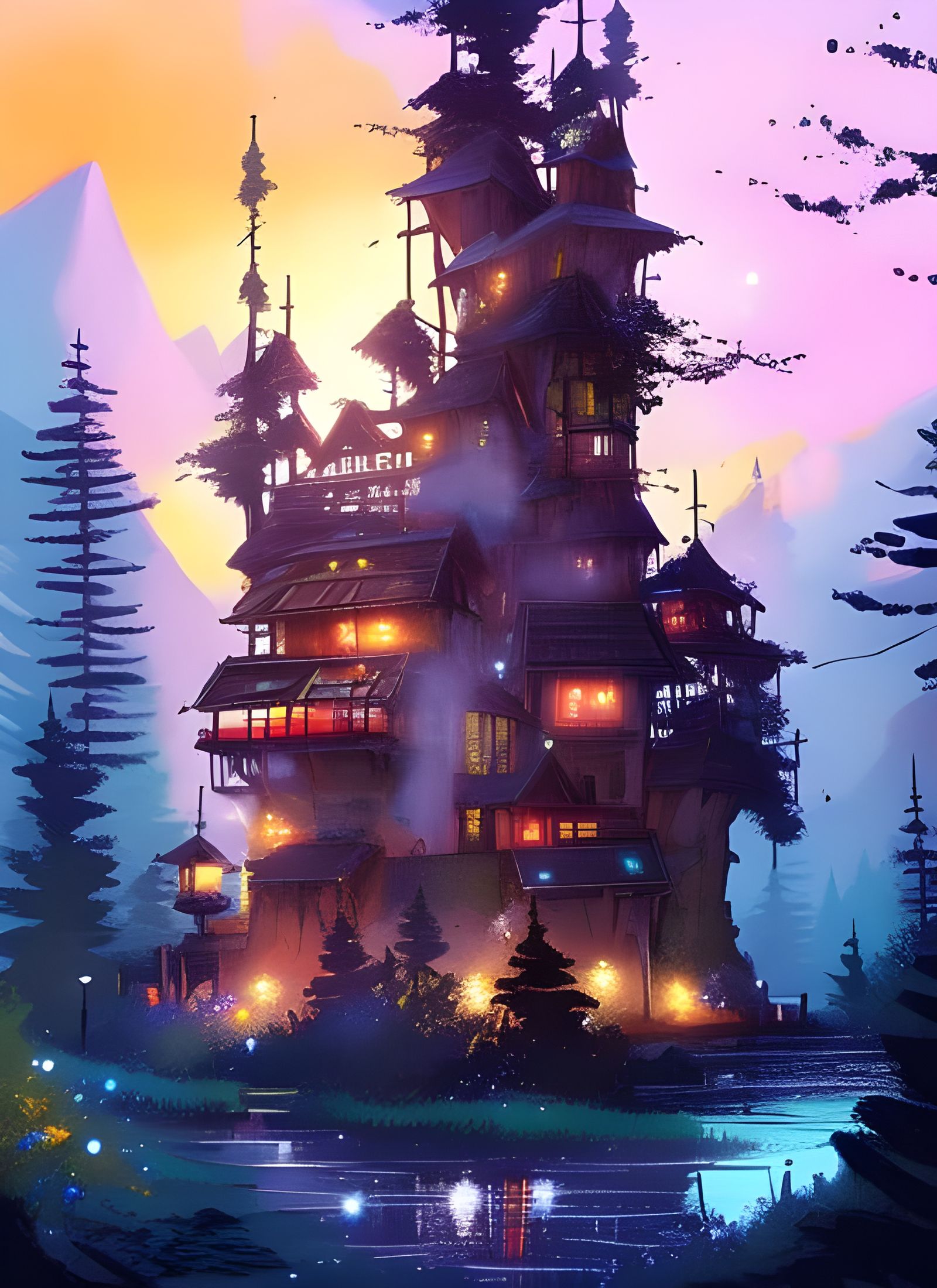 Starry Castle and Treehouse Matte Painting
