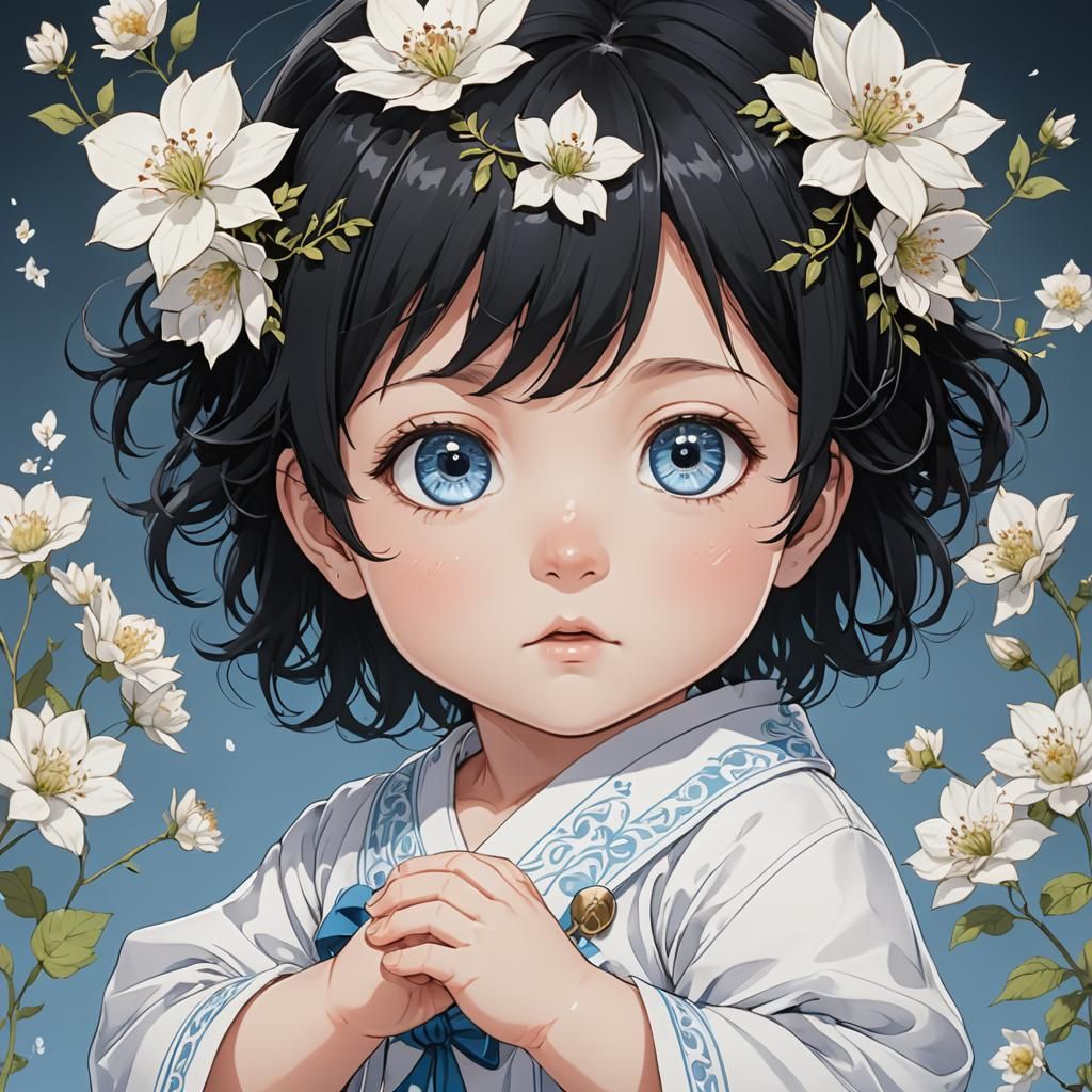 Anime-Style Baby with Black Hair and Hazel Eyes