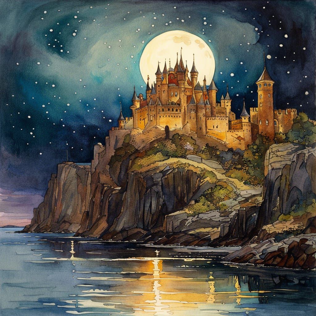 Fantasy Moon Castle in Watercolor Style