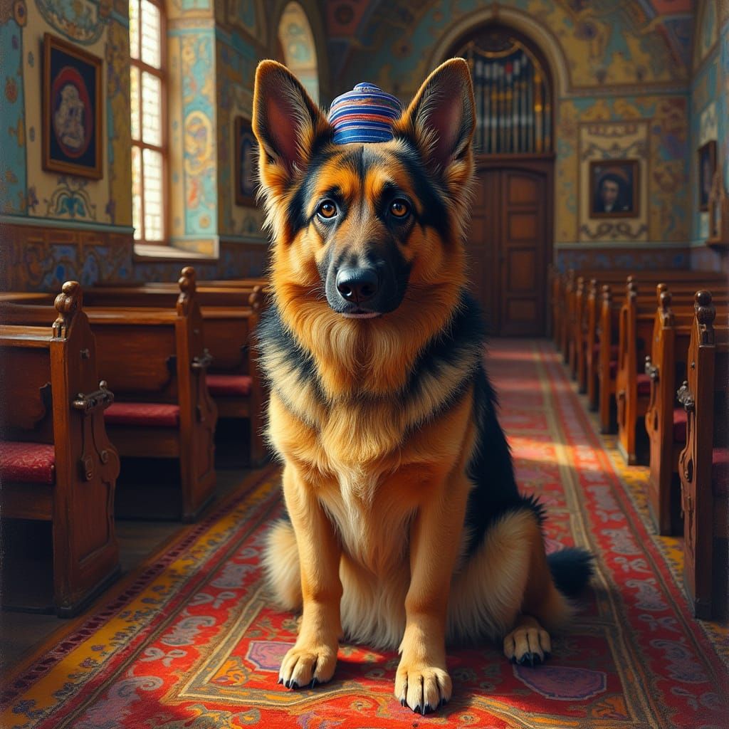 German Shepherd in Synagogue, Chagall-Inspired Art