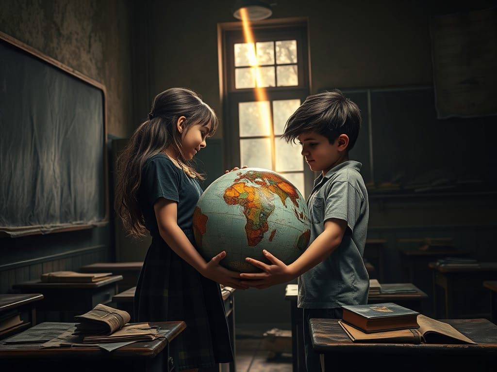 Children Hold a Globe in a Dark, Monochromatic Classroom Sce...