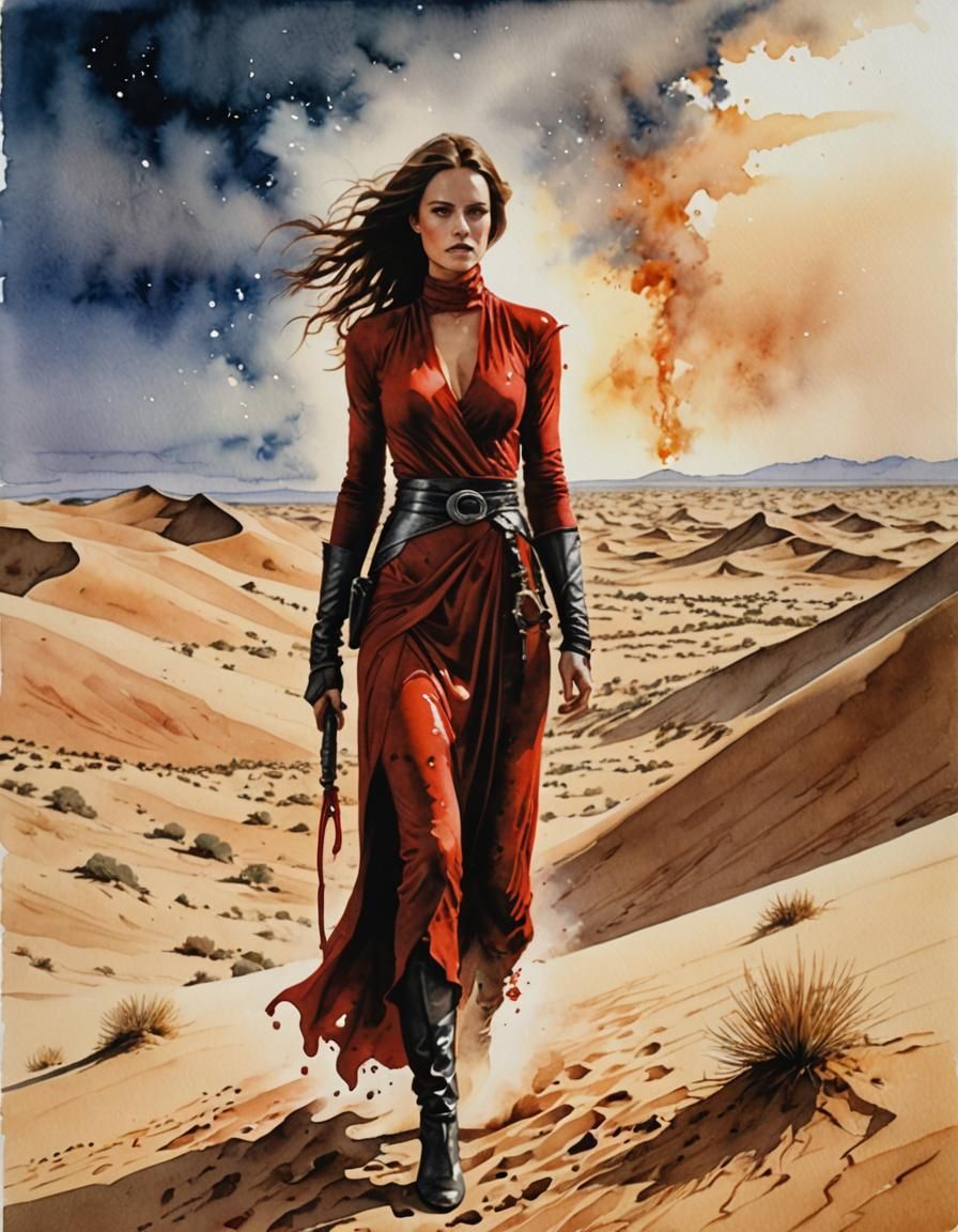 Surreal Sandstorm: A Lonely Goddess in Watercolor