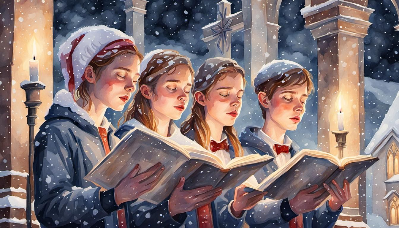 Teenagers Singing Christmas Hymns in Watercolor Style