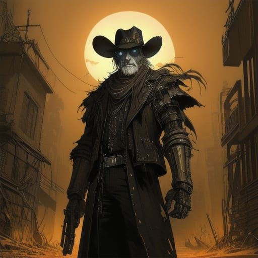Cybernetic Cowboy Emerges in the Shadows of a Gritty Old Wes...