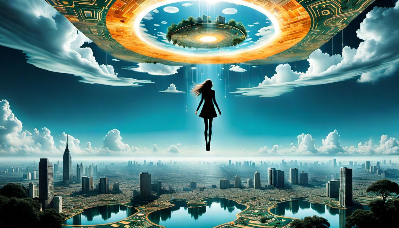 Surreal Upside-Down Cityscape with Falling Girl