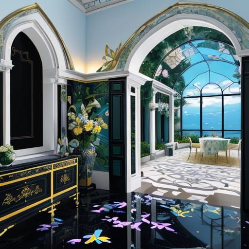 Grand Villa with Chinoiserie Arches and Floral Garden