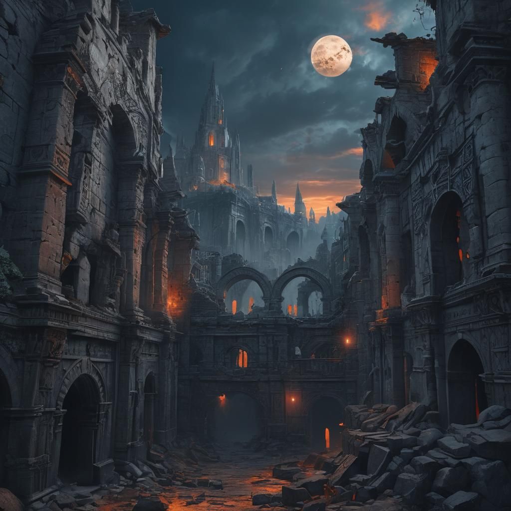 Ruined City Under Silver Moon: Dark Fantasy Art