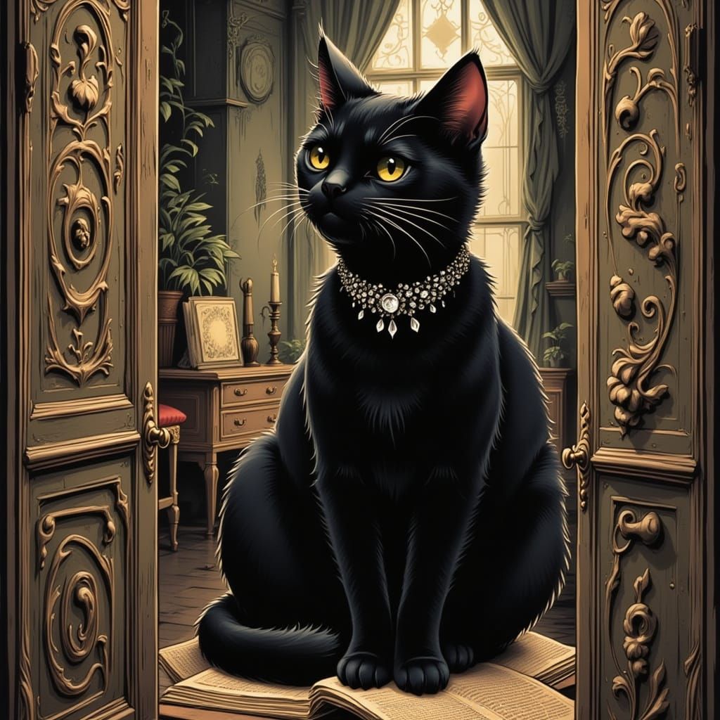 Elegant Black Cat Nout in Art Nouveau Style