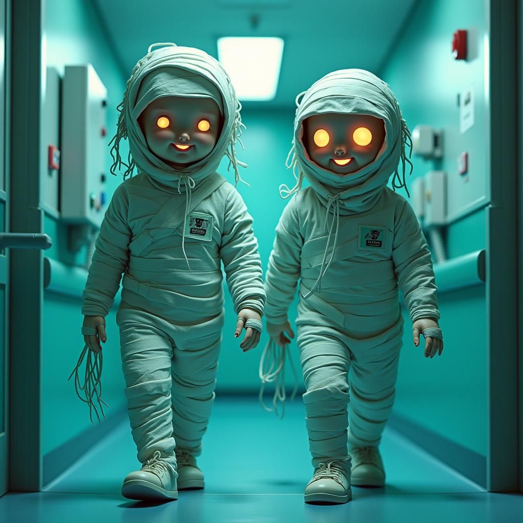 Eerie Twin Mummy Nurses in Stylized Medical Setting