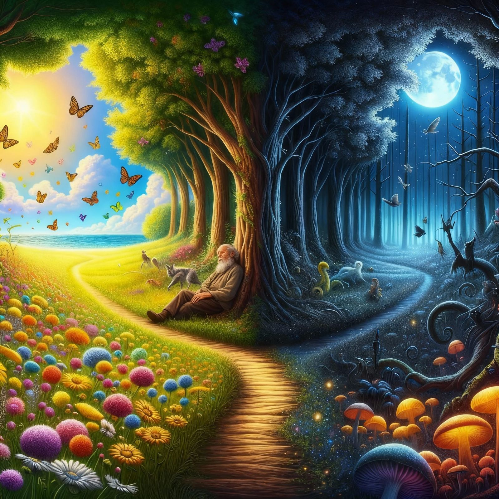 Surreal Dreamscape Divided: Path to Joy and Shadow