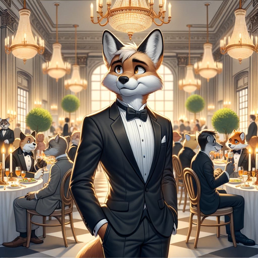 Anthropomorphic Fox in Tuxedo at Elegant Dinner Party