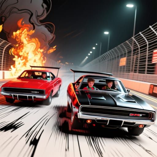Teenagers Race Classic Muscle Cars on Fiery Street