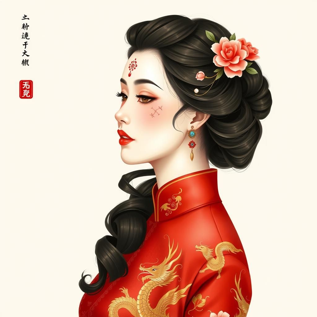 Chinese Woman in Qipao as Watercolour Portrait