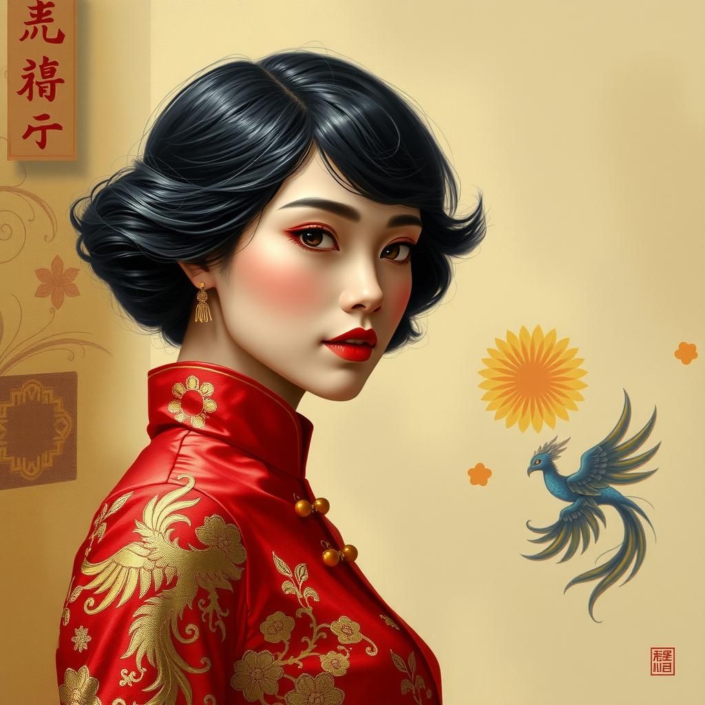 1920s Chinese Flapper in Red and Gold Cheongsam