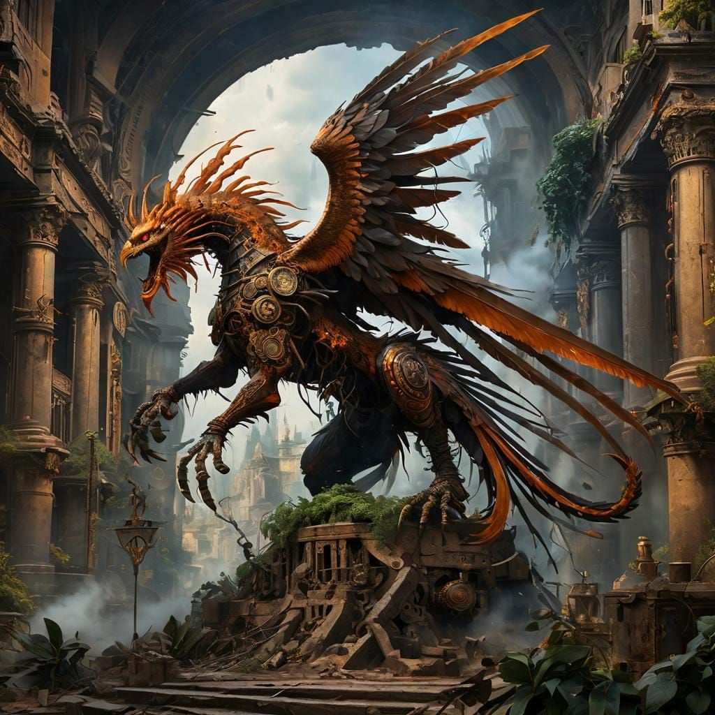 Epic Clockworkpunk Phoenix Golem in Decadent City Ruins