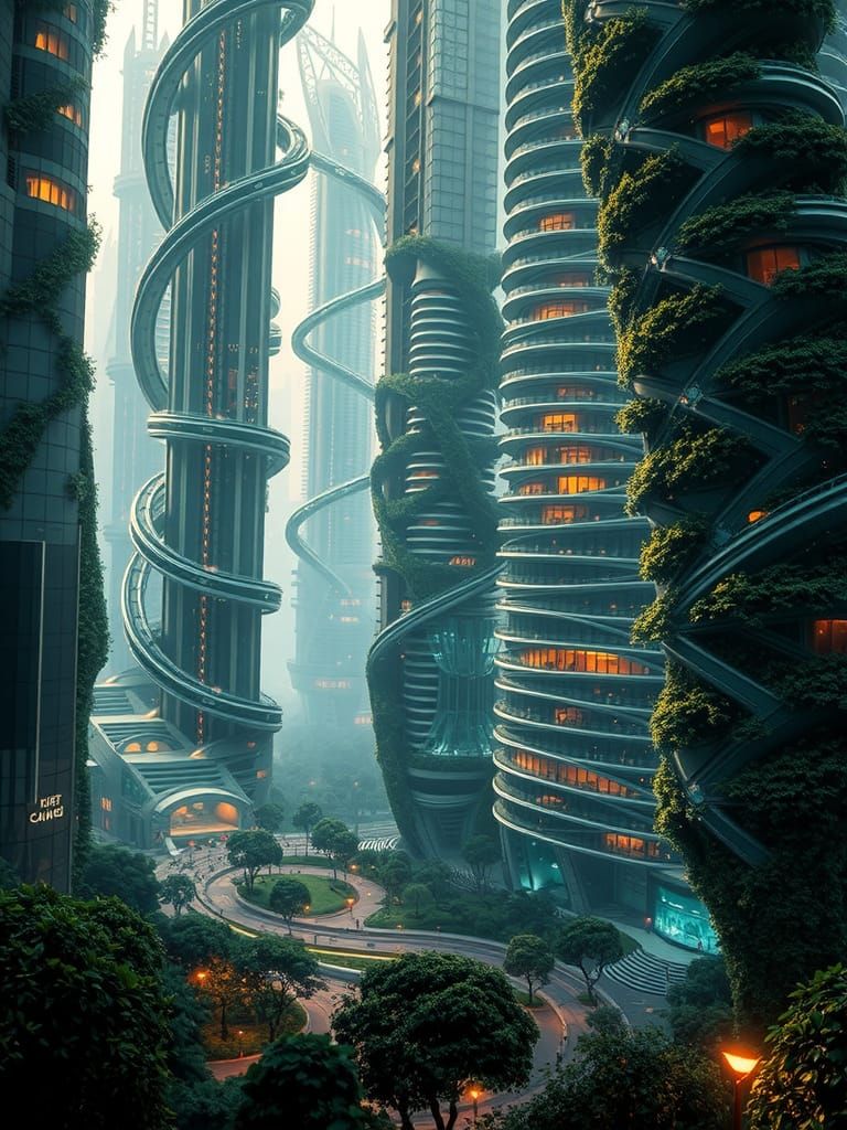 Futuristic Metropolis Merges Nature in Ethereal Light