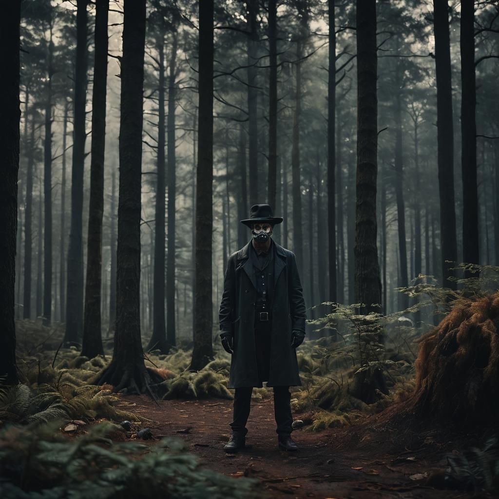 Ominous Man in Black Fedora in Gloomy Forest