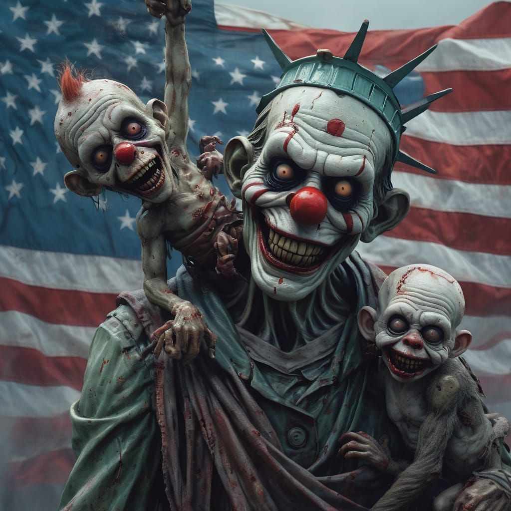 Hyper-Realistic Clown Statue of Liberty in Dark, Moody Atmos...