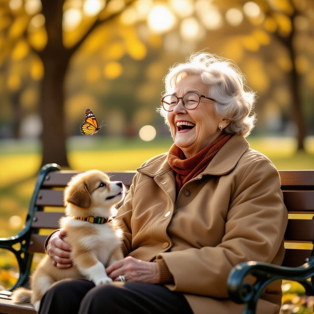 Elderly Woman Laughs With Puppy in Sunlit Park