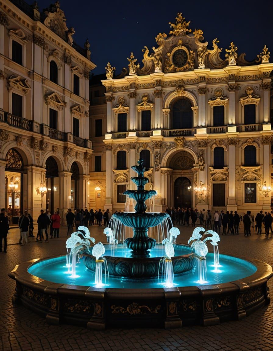 Night, illuminated multicoloured baroque fountain