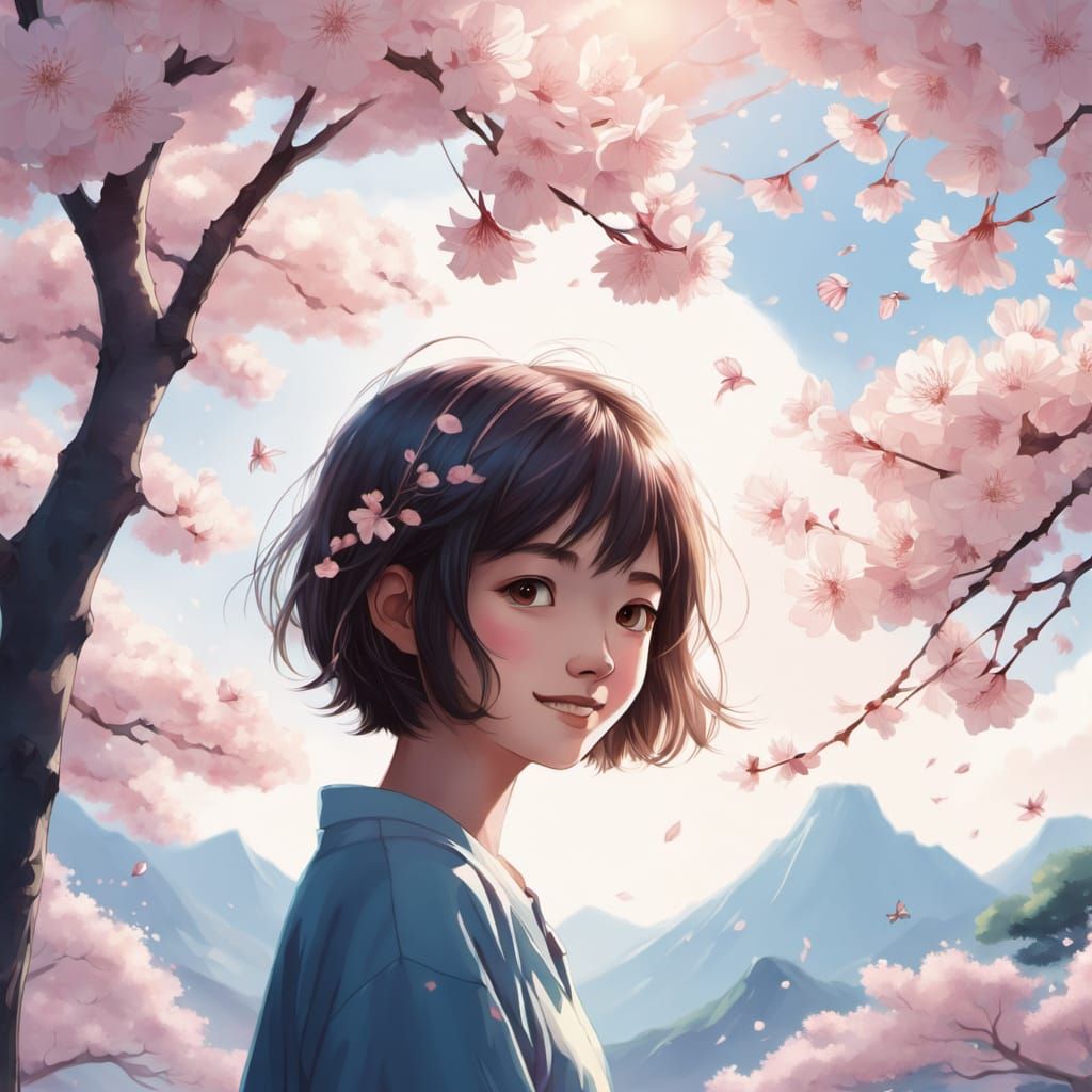Surreal Anime Scene with Cherry Blossoms in Soft Focus