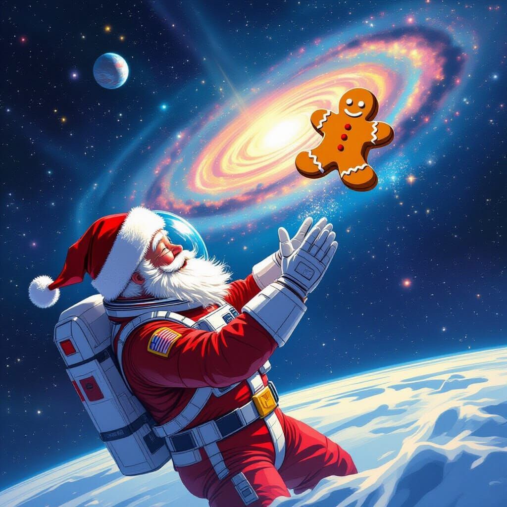 Santa Chases Gingerbread Cookie in Zero Gravity Space