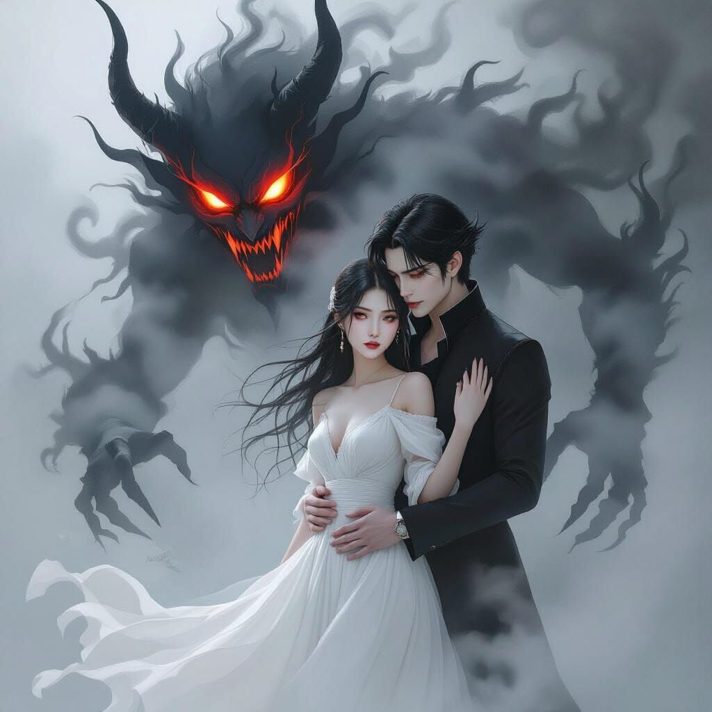 Watercolor Gothic Embrace in Fog: 3D Anime Art