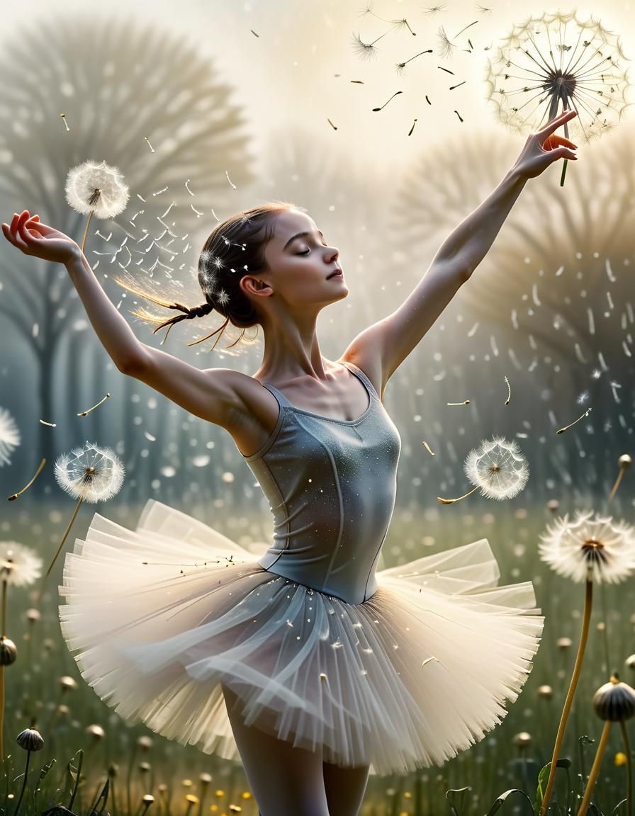 Ballerina's Ethereal Dance in Light-Filled Mist