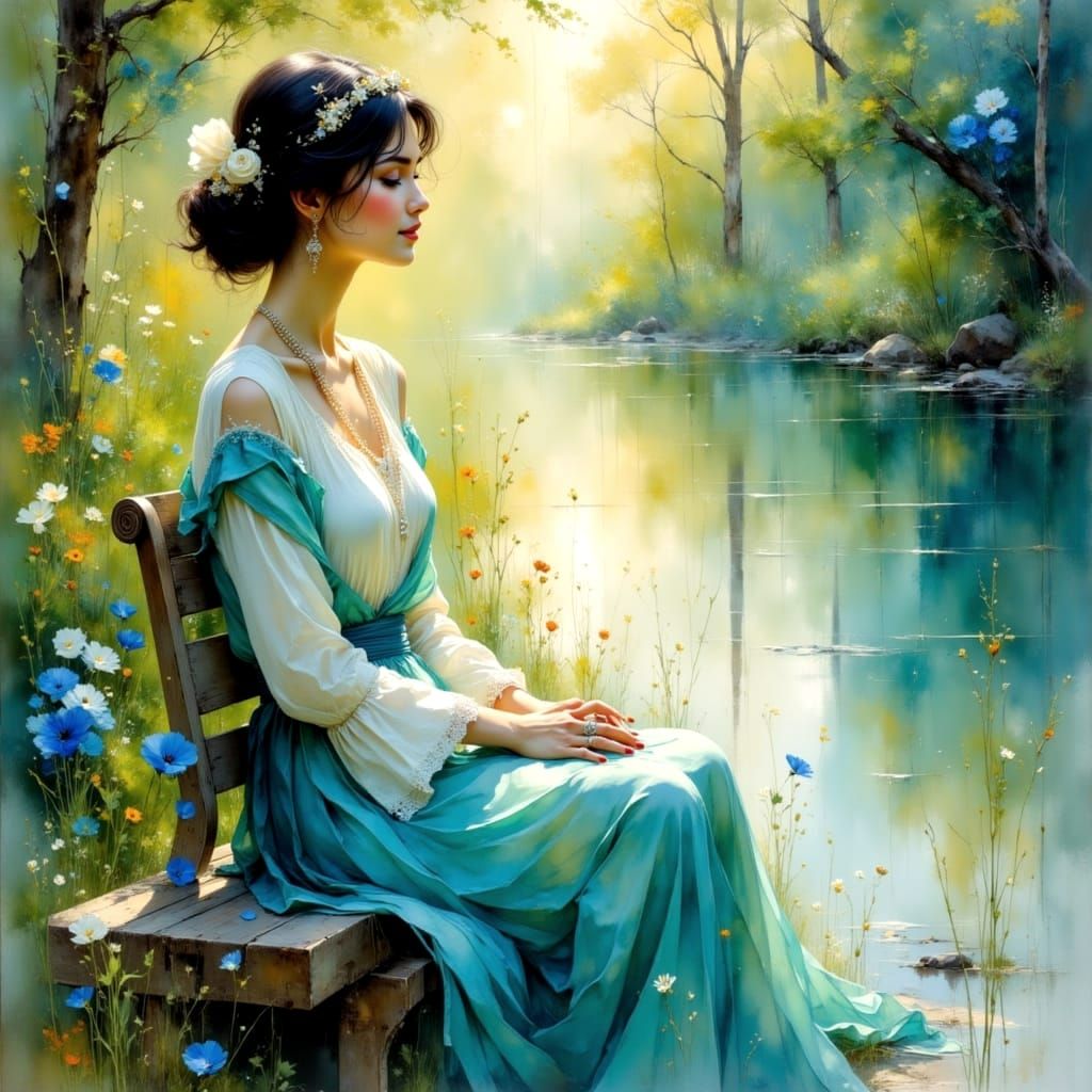 Impressionistic River Scene with Lady on Bench