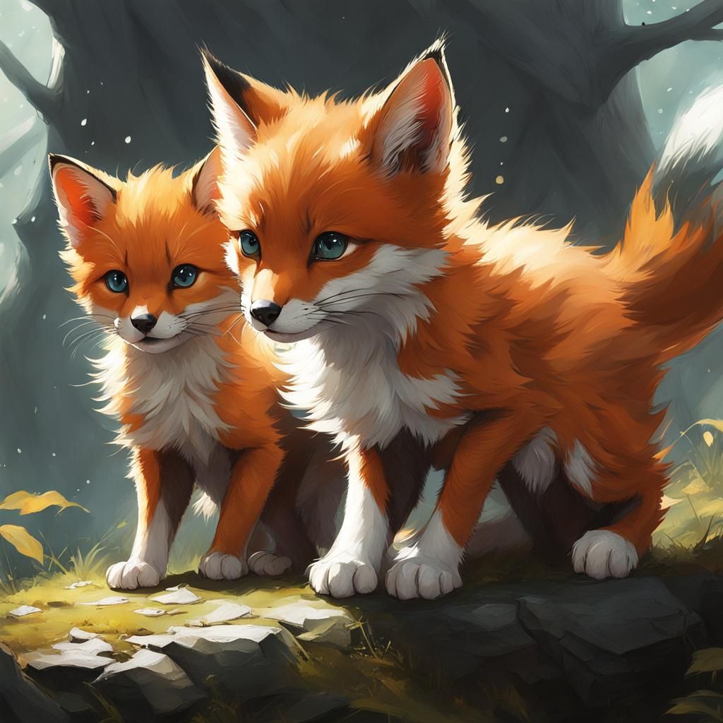 Whimsical Kitten and Fox Playdate: Detailed Digital Art