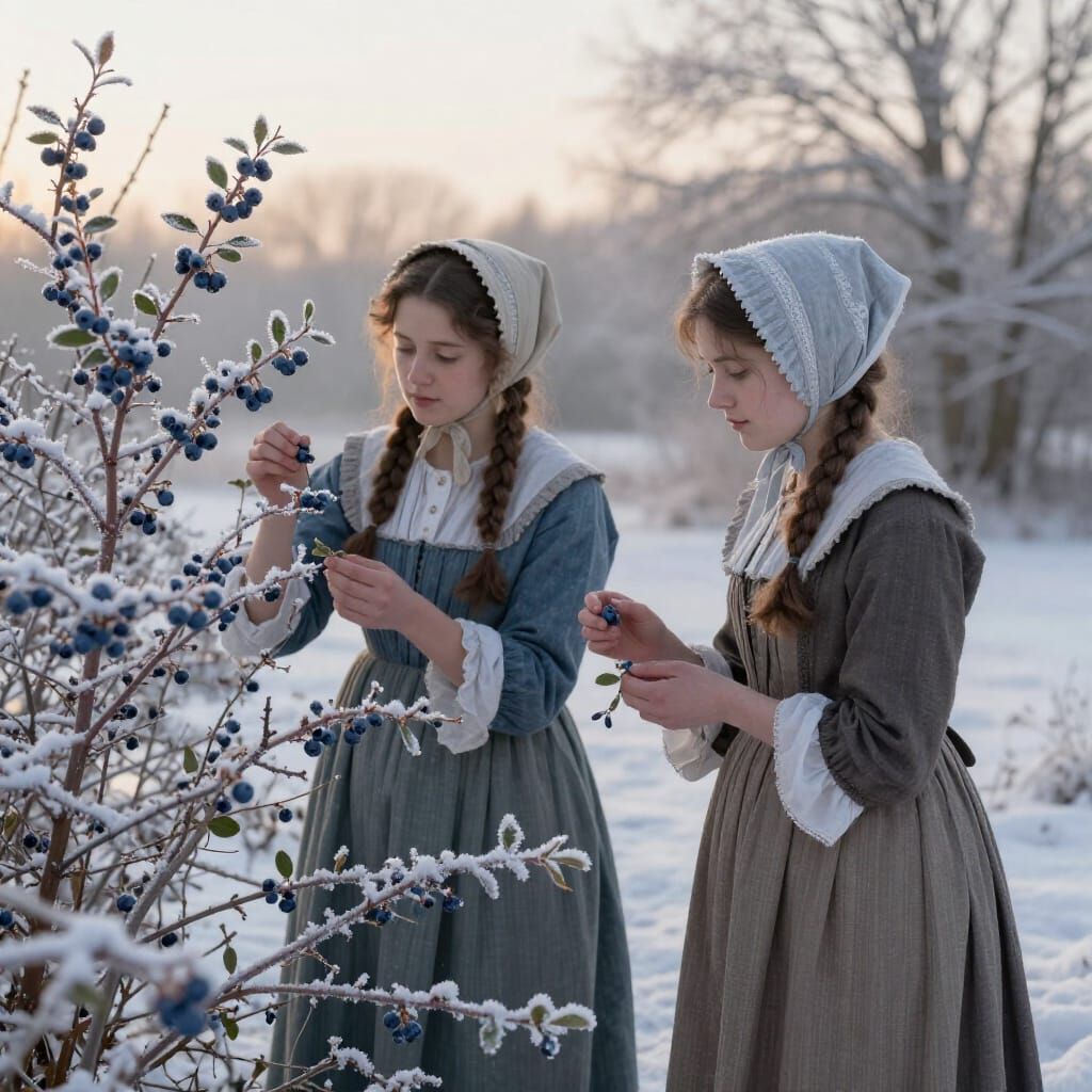 18th Century Ladies Picking Blueberries in Snowy Sunrise