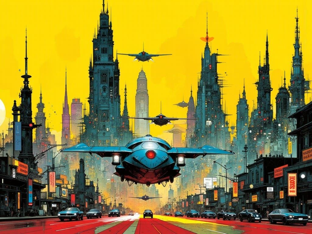 Futuristic cityscape with flying cars, neon lights, and towe...
