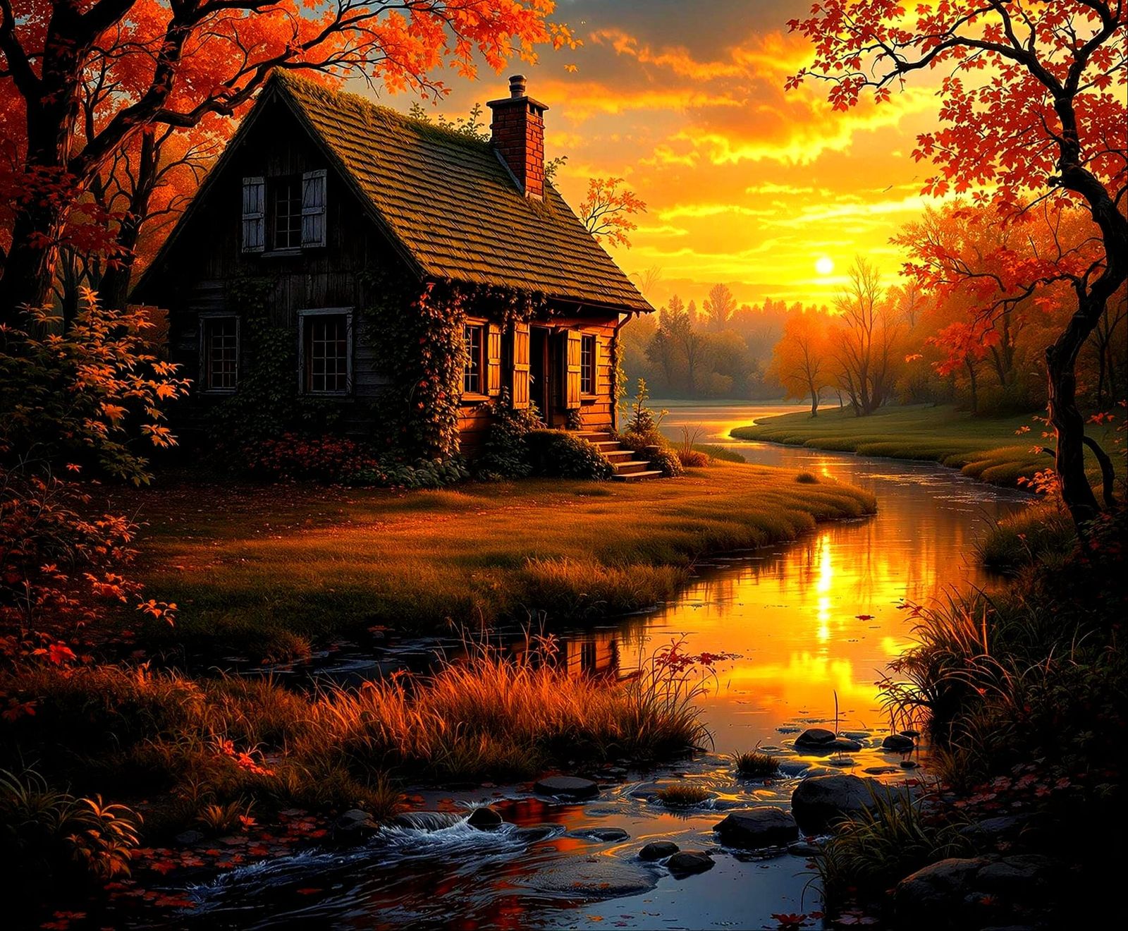 Cozy Autumn Cabin Scene in Photorealistic Splendor