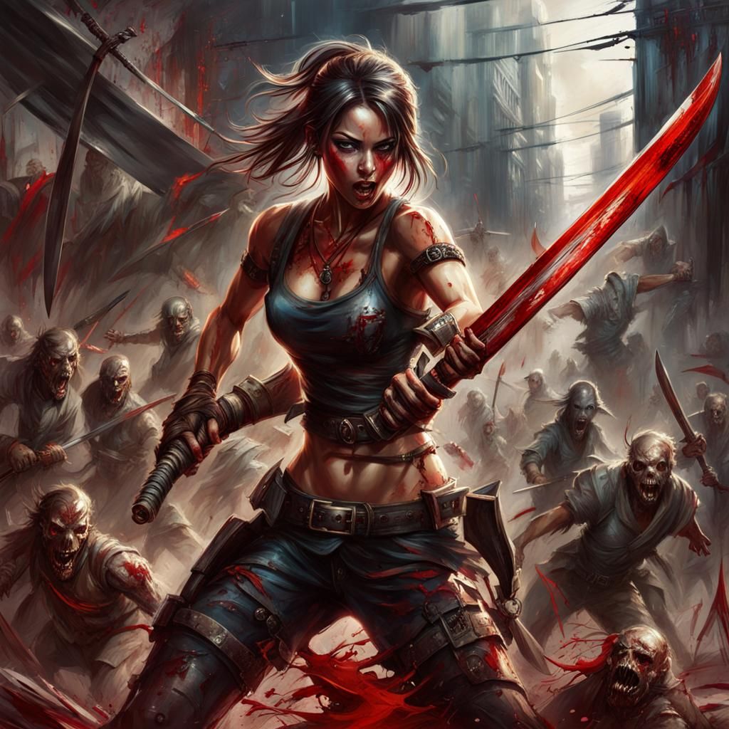 Post-Apocalyptic Woman Slaying Zombies: Impasto Action Paint...