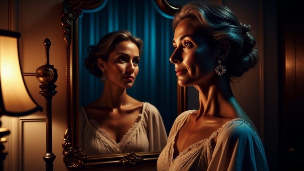 Contemplative Woman in Mirror: Hyperrealistic Digital Art