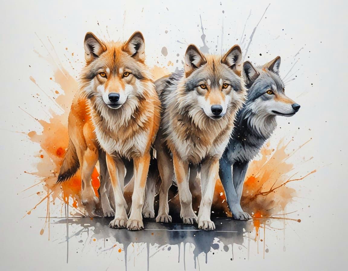 Wolves Crossing Frozen Highway at Dawn in Watercolour Style