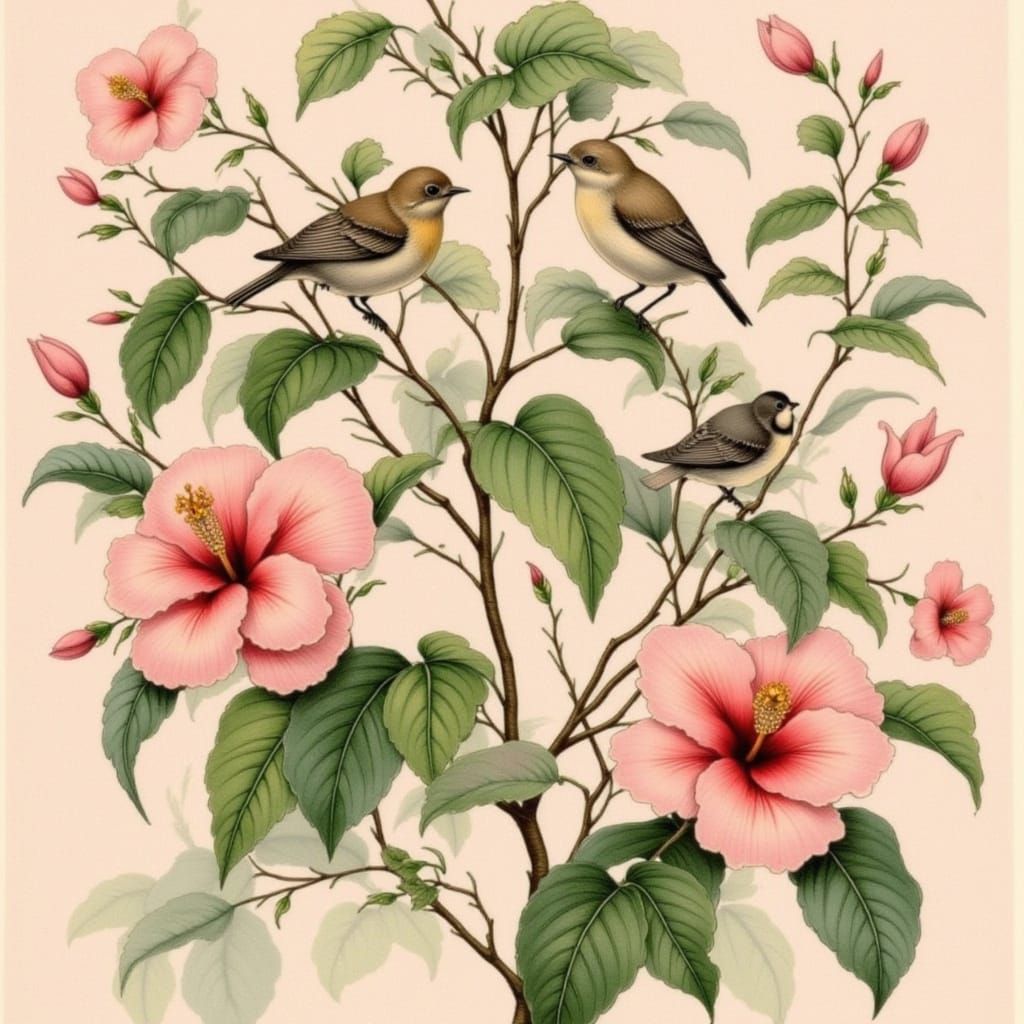 Three Birds on Cherry Blossoms in Botanical Style