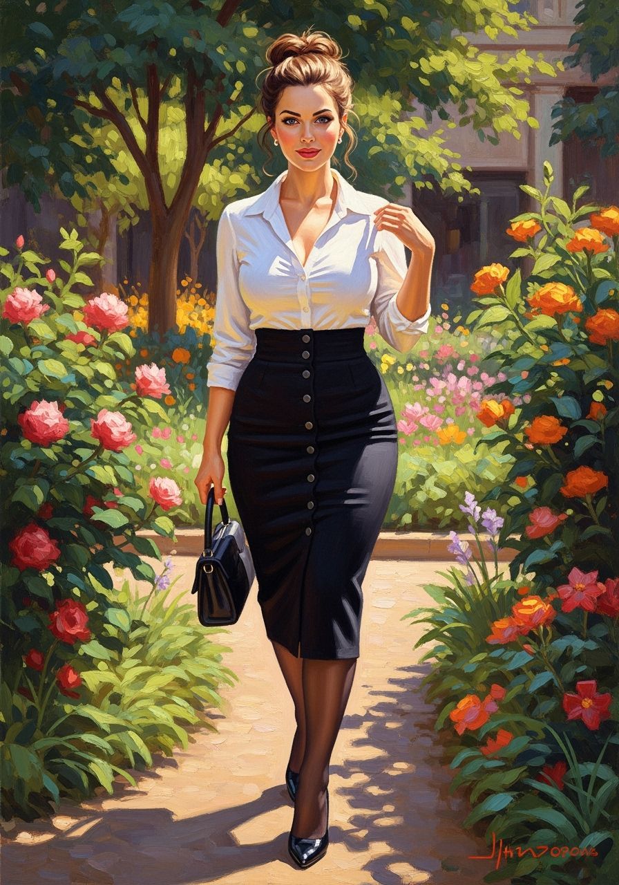 Woman in Pencil Skirt in Sunlit City Garden Oil Painting