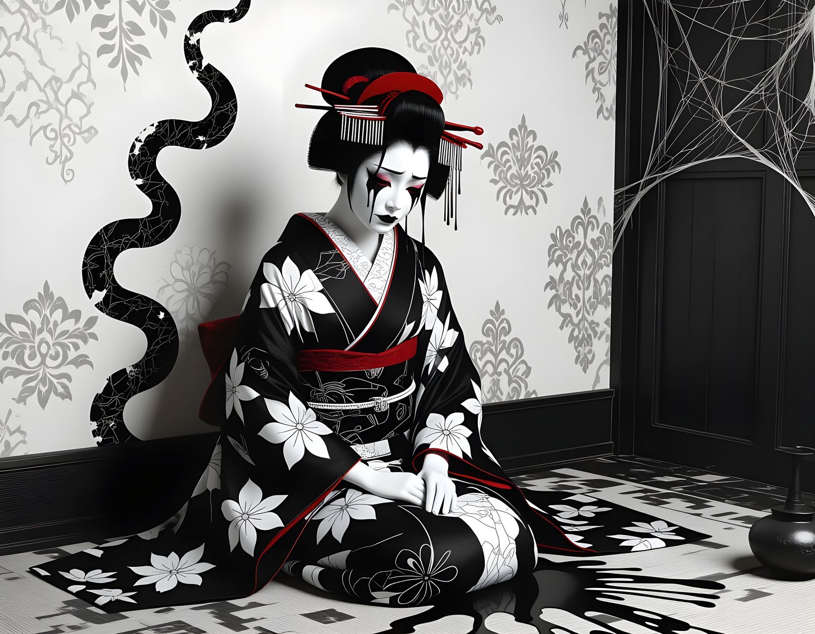 Spectral Geisha Weeps Ink in Gothic Opium Den