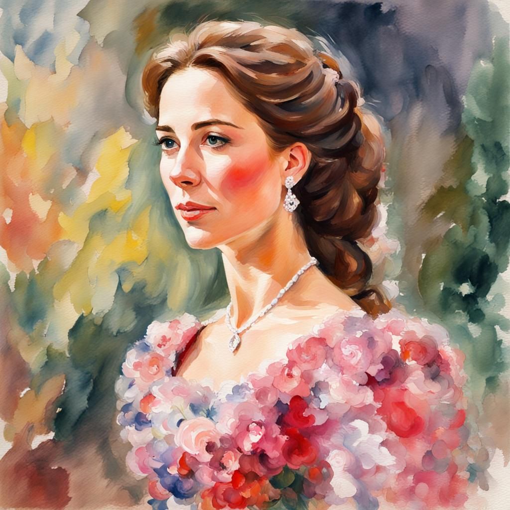 Princess Catherine in Gouache Watercolor Style