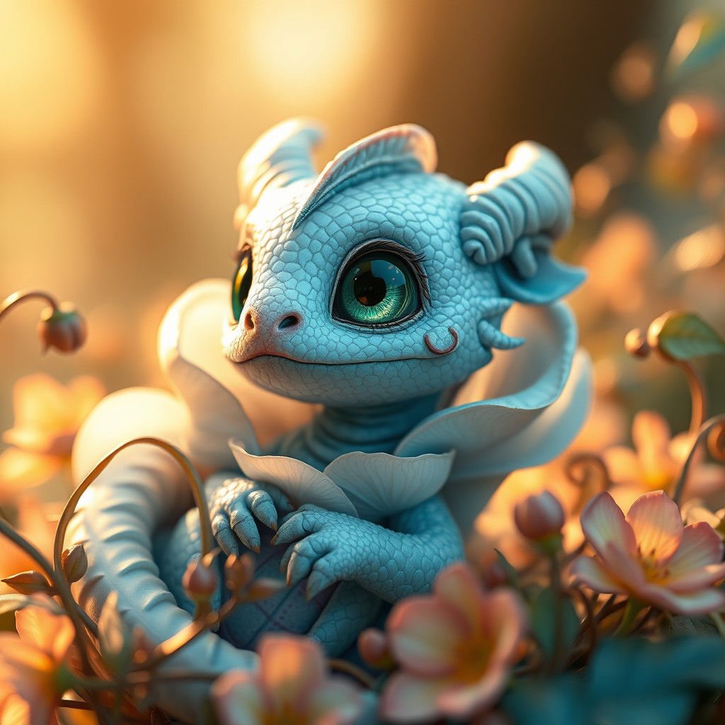 Baby Dragon in Flower Petals: A Fantasy Matte Painting
