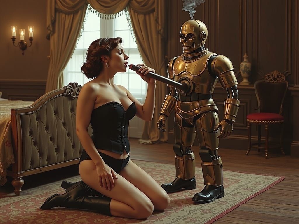 Elegant Lady and Majestic Robot in Victorian Era